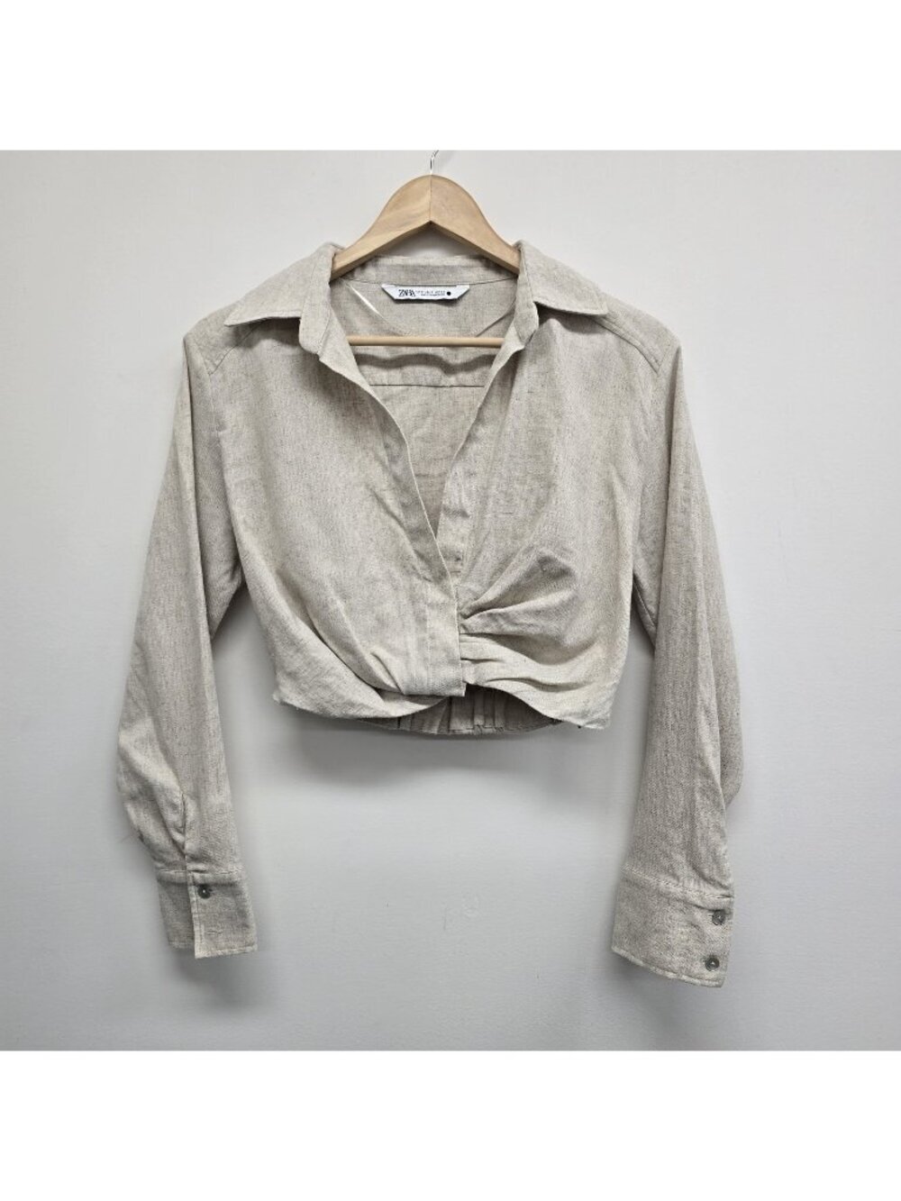 Zara Linen Blend Cropped Blouse Top S Long Sleeve Collared Side Zip Elastic Hem